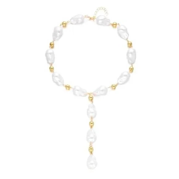 Gold Baroque Pearl Layered Necklace Set Irregular Beaded Y-Choker - Picture 5 of 6